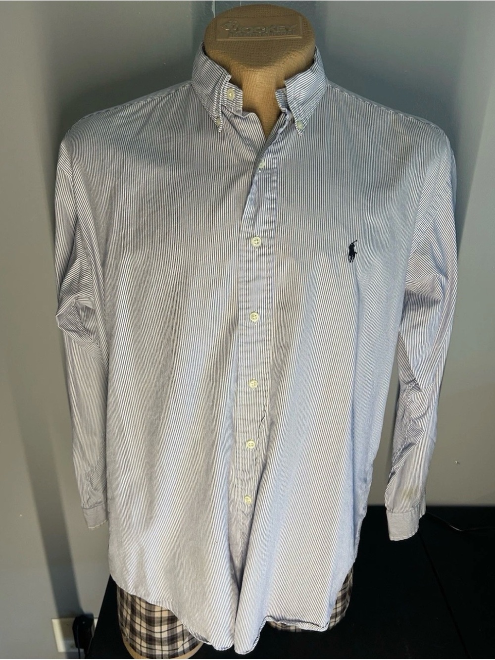 Ralph Lauren Shirt Mens LG Blue Stripe Cotton Long Sleeve Button Blake